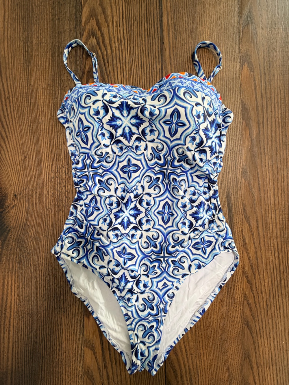 La Blanca Blue and White Tile-Print Swimsuit- Women’s Size 10